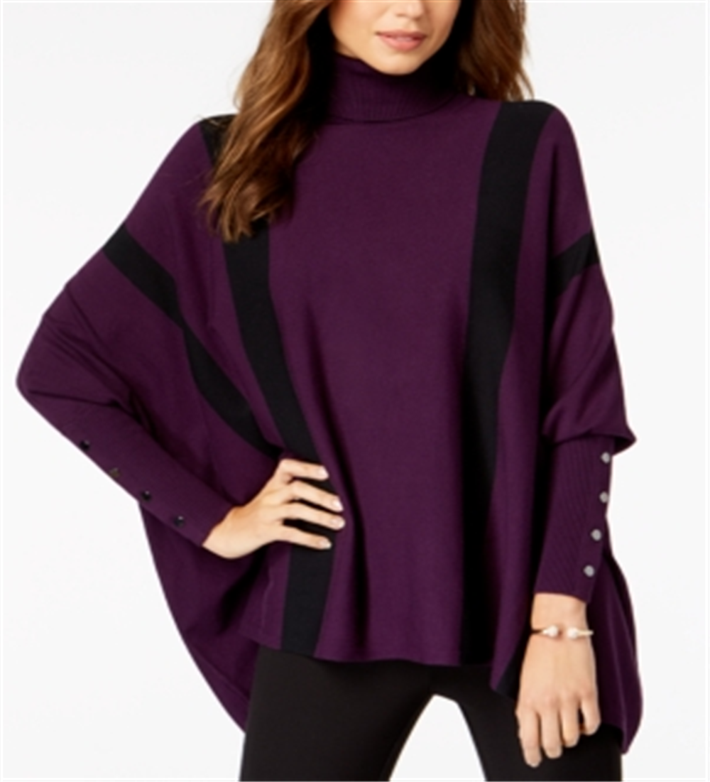 Alfani Women's Striped Poncho Sweater Purple Size Petite Large