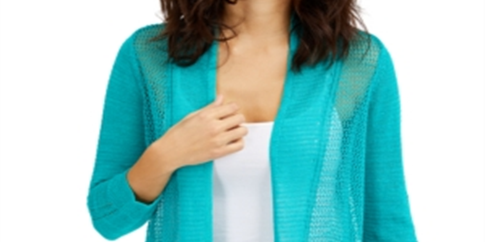 Alfani Women's Mixed Stitch Open Front Linen Blend Cardigan Blue Size Medium