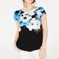 Alfani Women's Printed Round Hem T-Shirt Blue Size Petite Medium