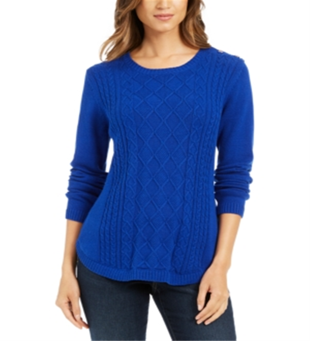 चार्टर क्लब महिला केबल निट बटन ट्रिम स्वेटर नीला साइज़ पेटीट एस