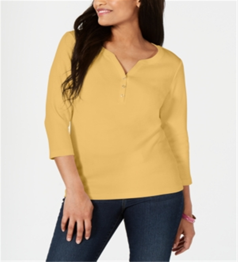 Karen Scott Women's Cotton Henley Shirt Brown Size Petite Medium