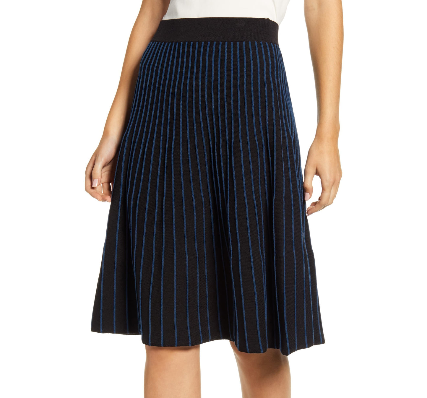 Anne Klein Women's Striped Below the Knee Pleated Skirt Black Size Large