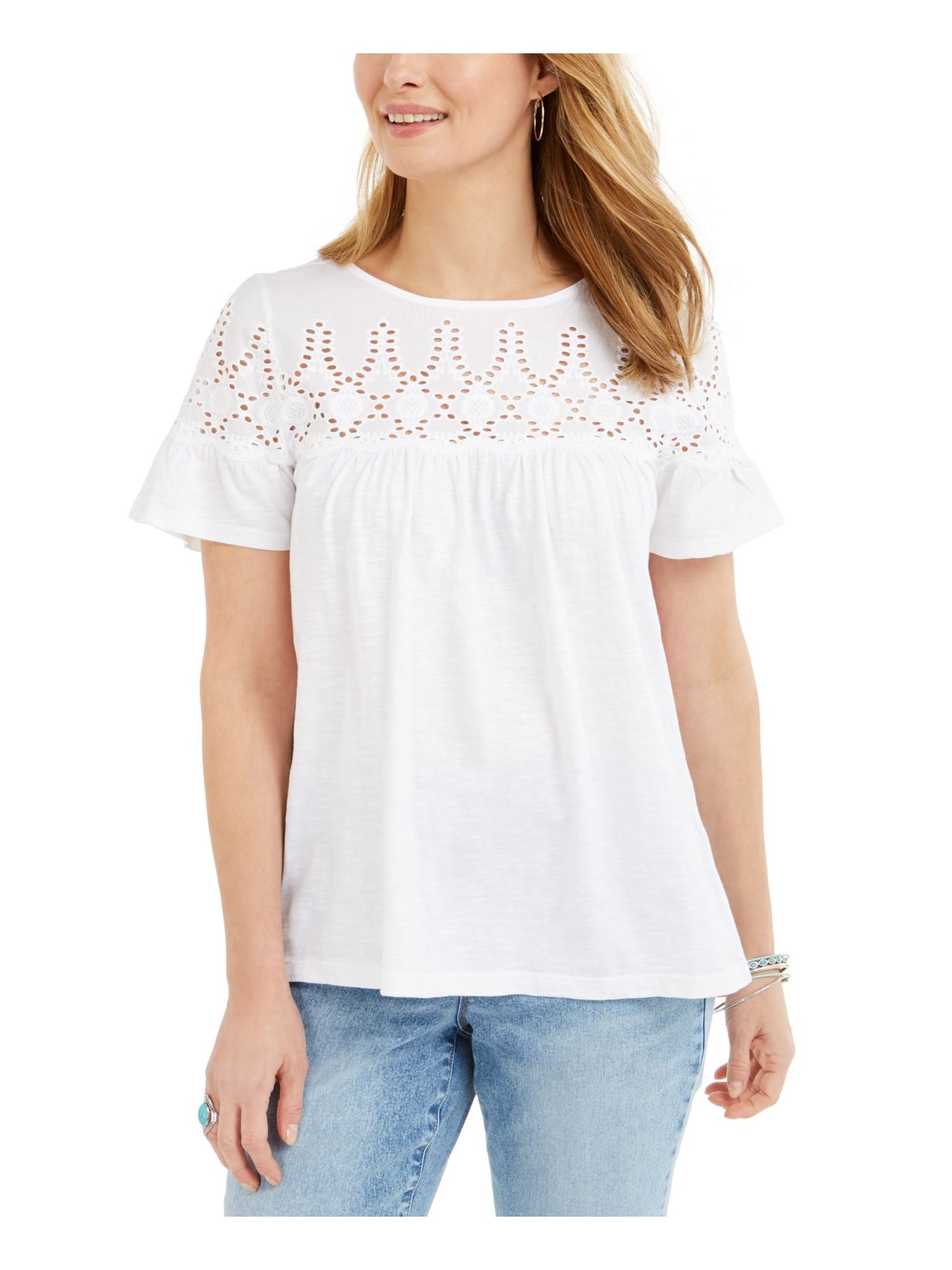 Style & Co Women's Cotton Eyelet Yoke Top White Size Small