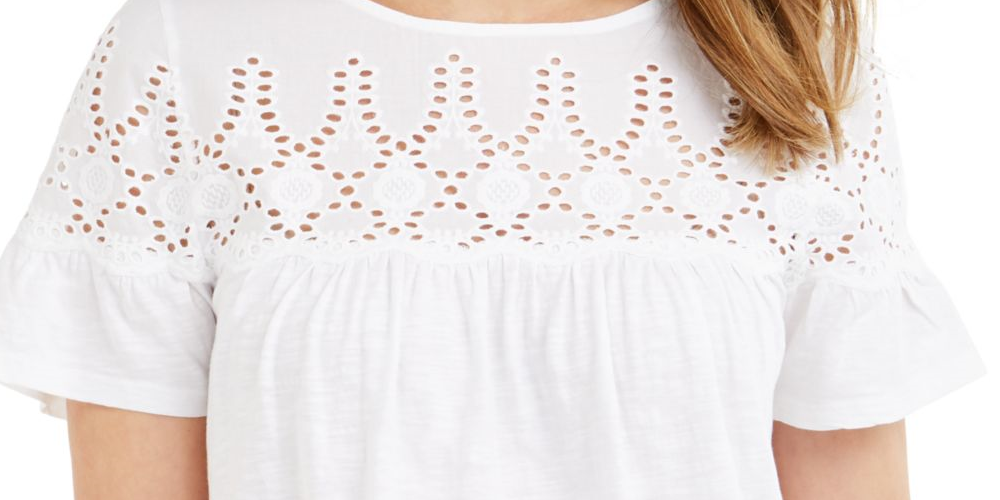Style & Co Women's Cotton Eyelet Yoke Top White Size Small