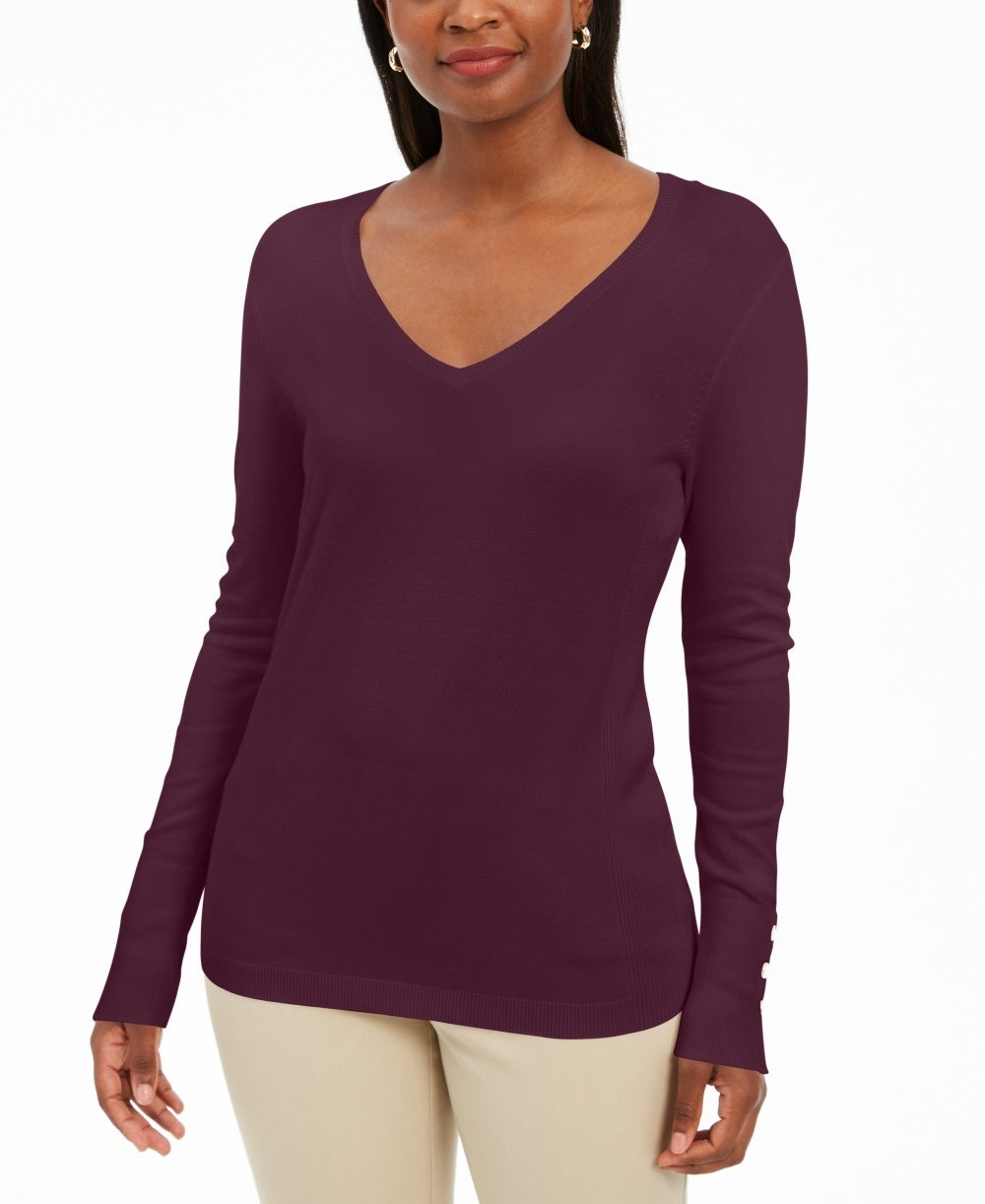 JM Collection Women's Embellished-Sleeve V-Neck Sweater Dark Purple Size Large