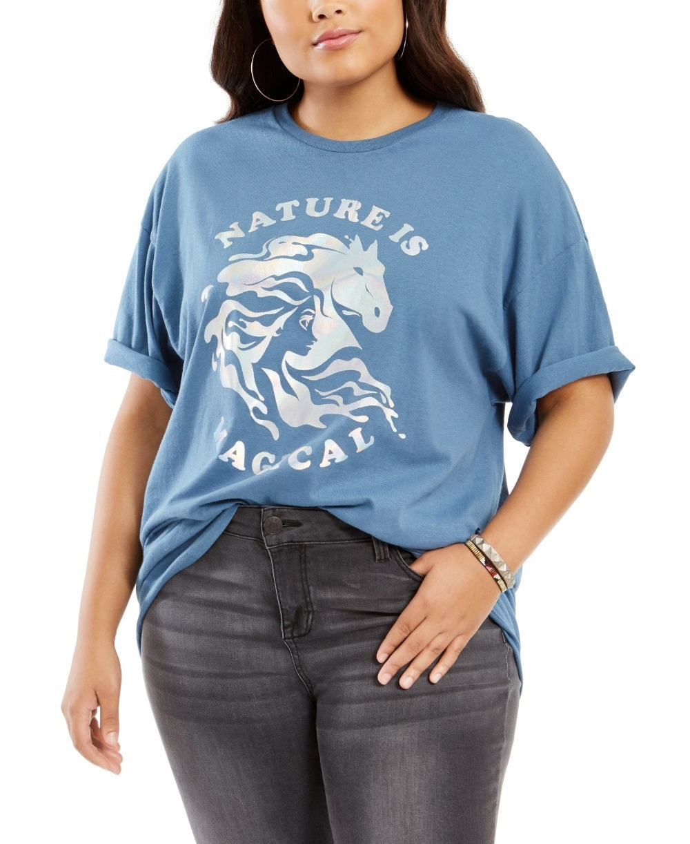 Mighty Fine Women's Trendy Plus Size Cotton Nature Is Magical Boyfriend T-Shirt Blue Size 3X