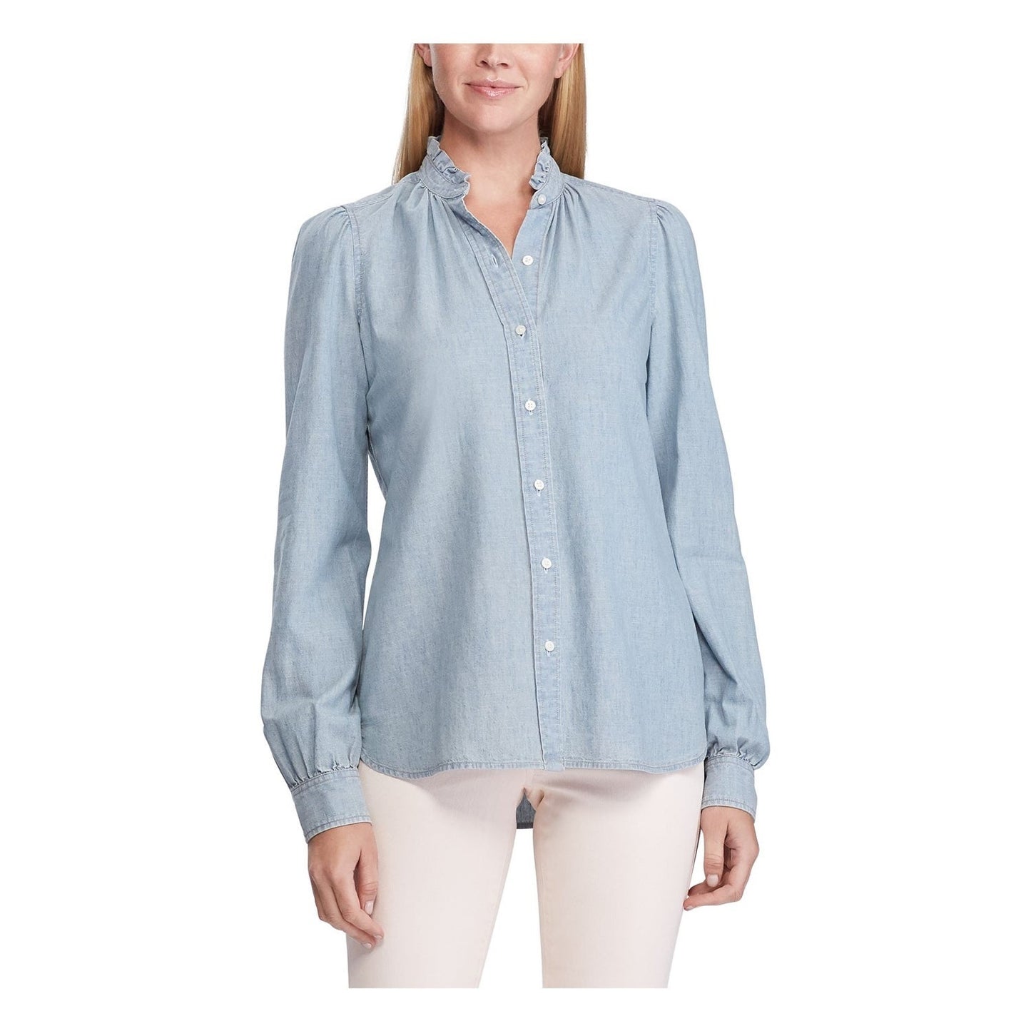 Ralph Lauren Women's Blue Cuffed V Neck Button up Top Navy Size X-Large