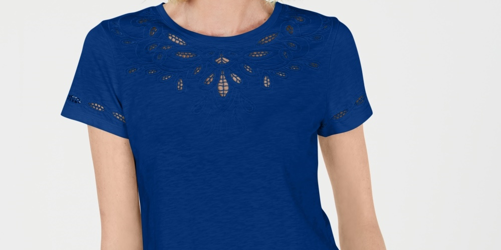 Charter Club Women's Cutout Cotton T-Shirt Blue Size Small