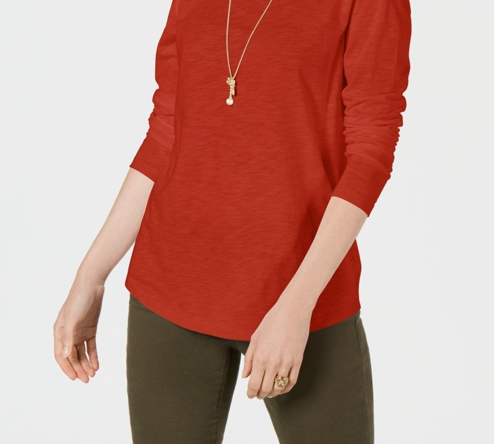 Style & Co Women's Long-Sleeve Crewneck Top Orange Size X-Large