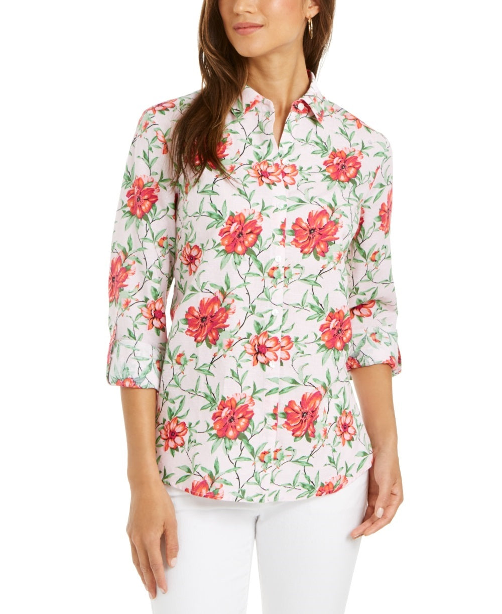 Charter Club Women's Printed Button Front Roll Tab Sleeve Top Pink Size Petite Small