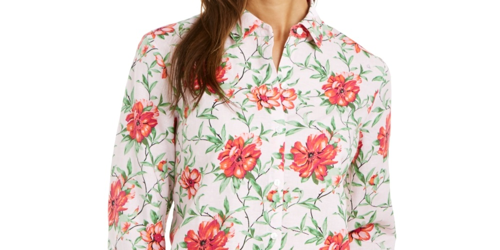Charter Club Women's Printed Button Front Roll Tab Sleeve Top Pink Size Petite Small