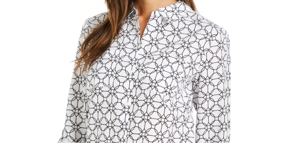 Charter Club Women's Printed Tab Sleeve Shirt White Size X-Large