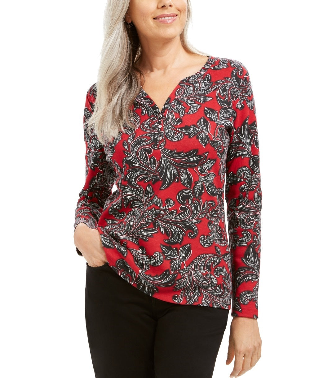 Karen Scott Women's Dotted Scrolls Henley Top Red Size Small