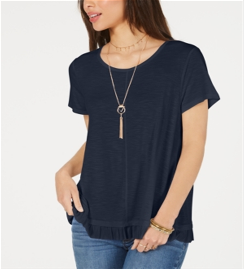Style & Co Women's Ruffled Hem Top Blue Size Petite S