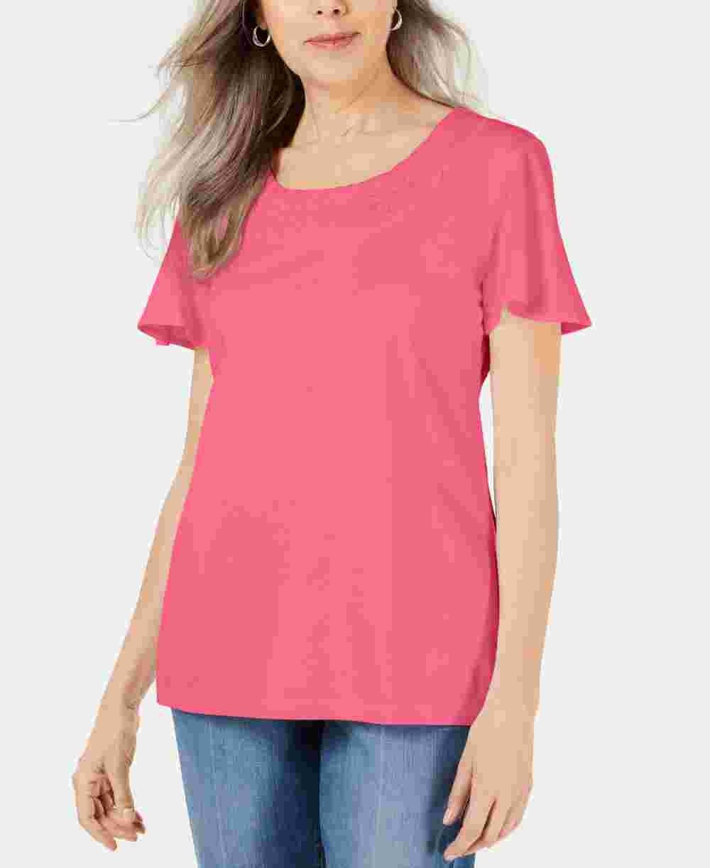 Karen Scott Women's Braided Neck Short Sleeve T-Shirt Top Pink Size Small