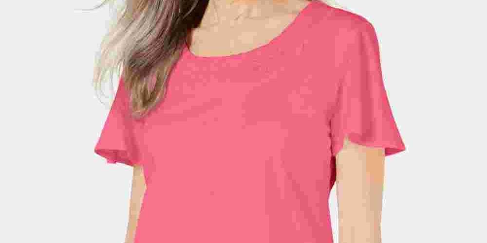 Karen Scott Women's Braided Neck Short Sleeve T-Shirt Top Pink Size Small