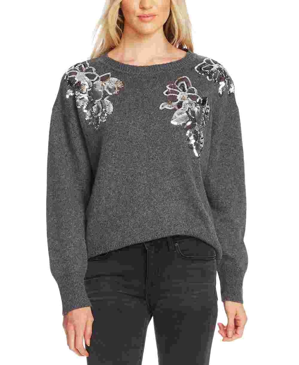 Vince Camuto Women's Sequin Floral Cotton Blend Sweater Charcoal Size Large