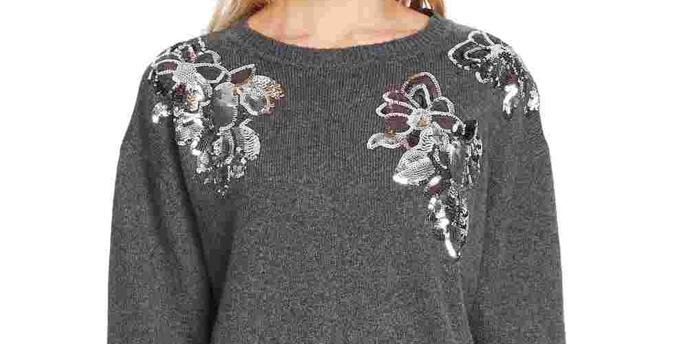 Vince Camuto Women's Sequin Floral Cotton Blend Sweater Charcoal Size Large