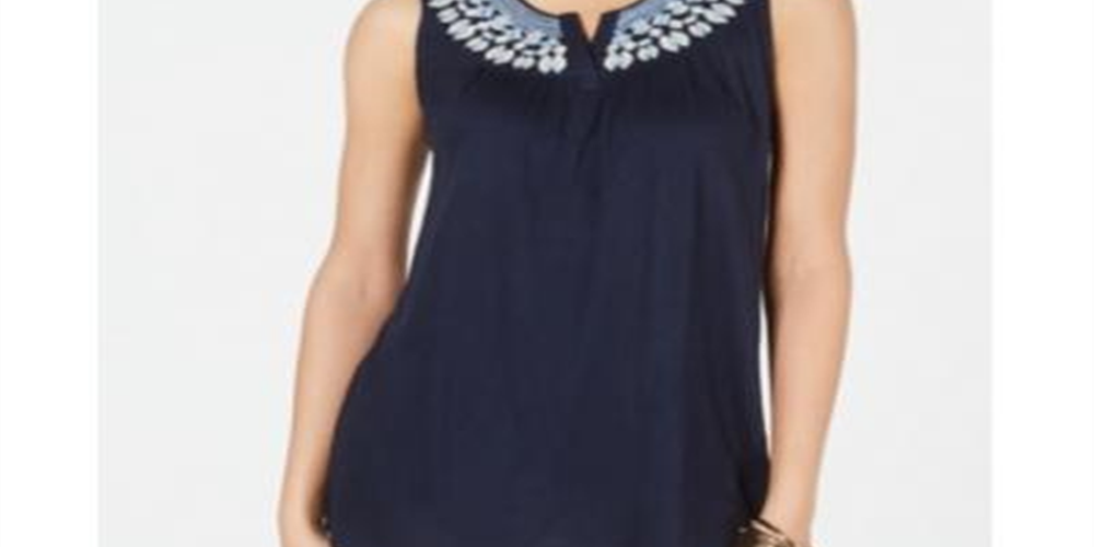 Style & Co Women's Embroidered Split Neck Top Blue Size Small