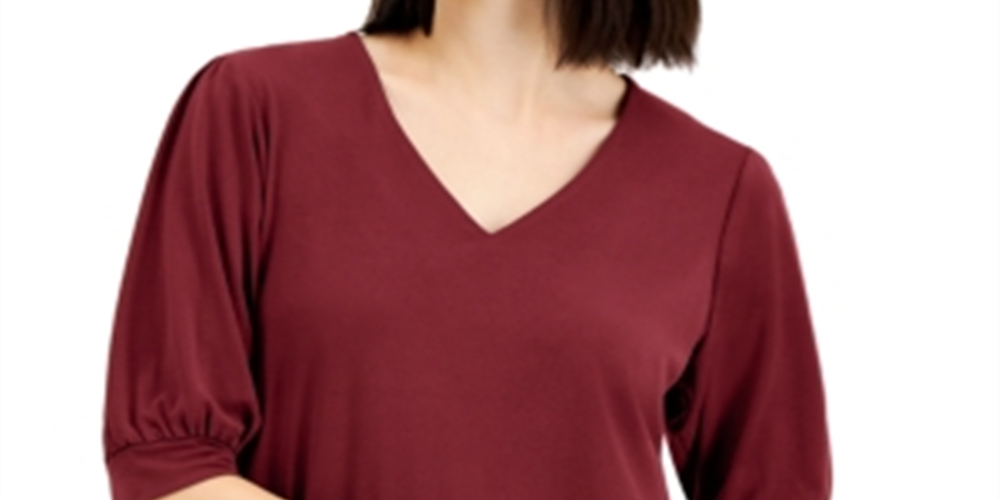 JM Collection Women's Puff Sleeve V Neck Top Red Size Large