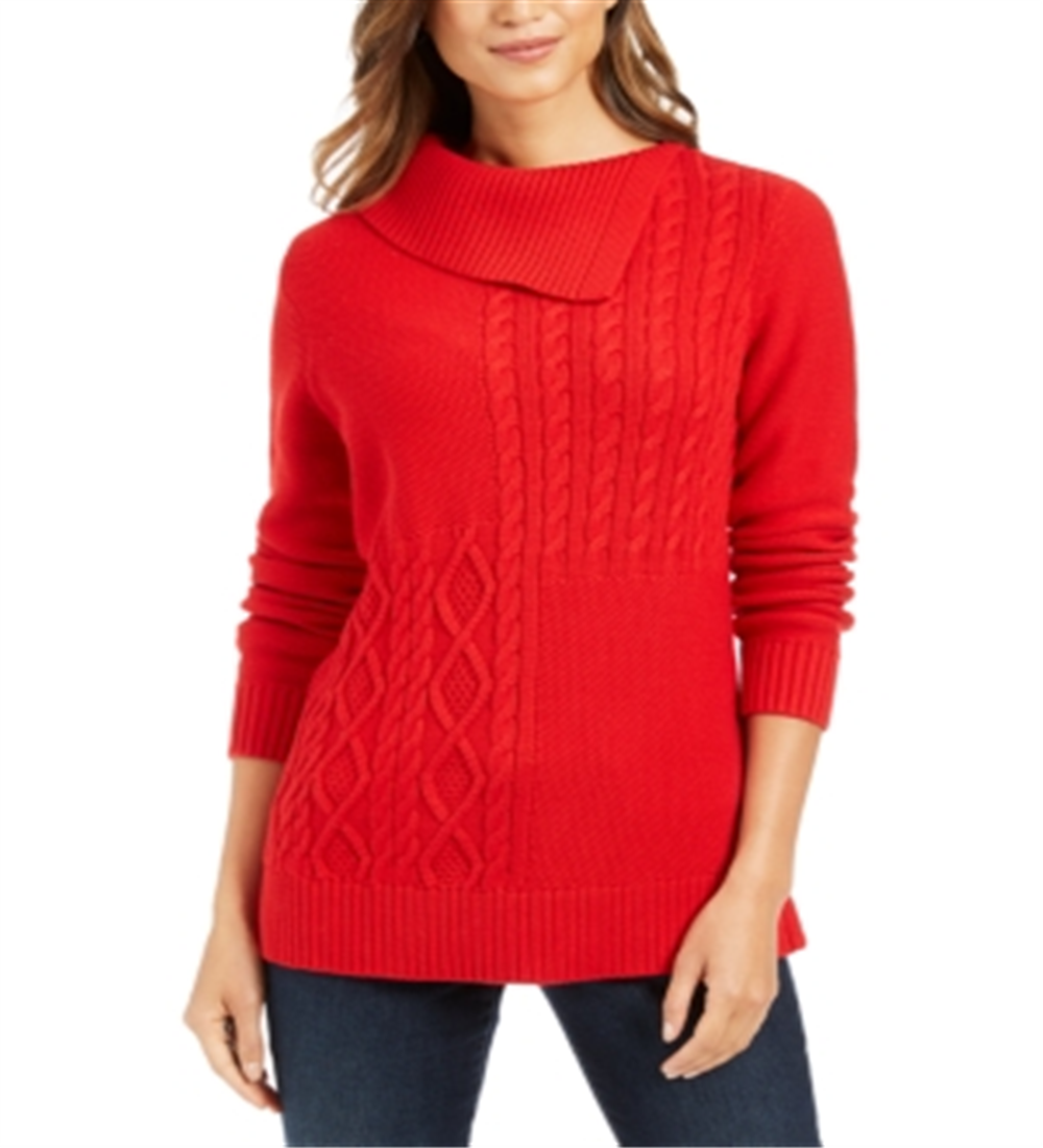 Charter Club Women's Envelope Neck Cable Knit Sweater Red Size Petite X-Large