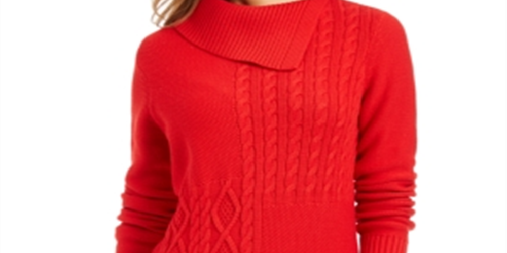 Charter Club Women's Envelope Neck Cable Knit Sweater Red Size Petite X-Large
