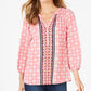 Charter Club Women's Printed Split Neck 3/4 Sleeve Top Pink Size XX-Large