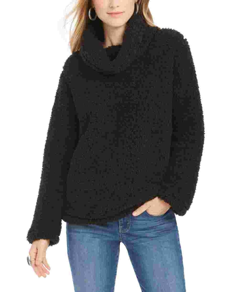 Style & Company Women's Faux Fur Solid Long Sleeve Turtle Neck Blouse Sweater Black Size Petite Medium