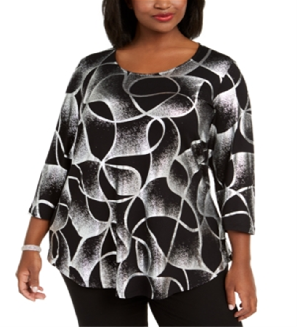 JM Collection Women's Plus Printed Top Black- Silver Size 0X
