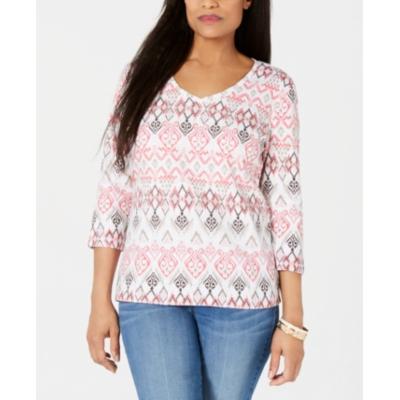 Karen Scott Women's Printed V Neck Top Orange Size Small
