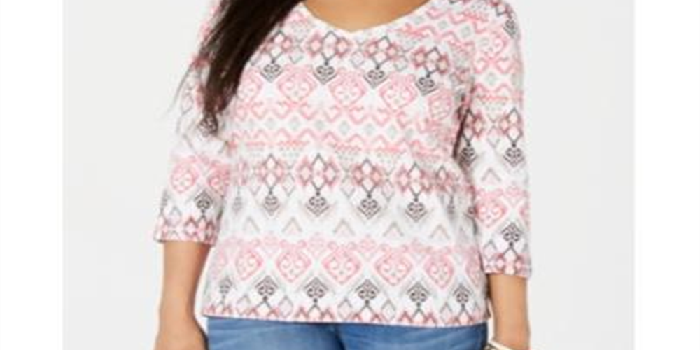Karen Scott Women's Printed V Neck Top Orange Size Small