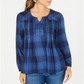 Style & Co Women's Plaid Pleated Top Blue Size Petite Large