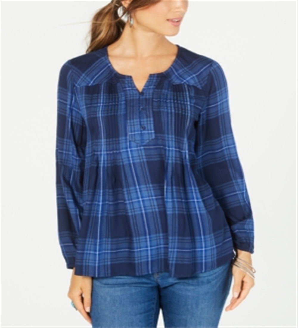 Style & Co Women's Plaid Pleated Top Blue Size Petite Large