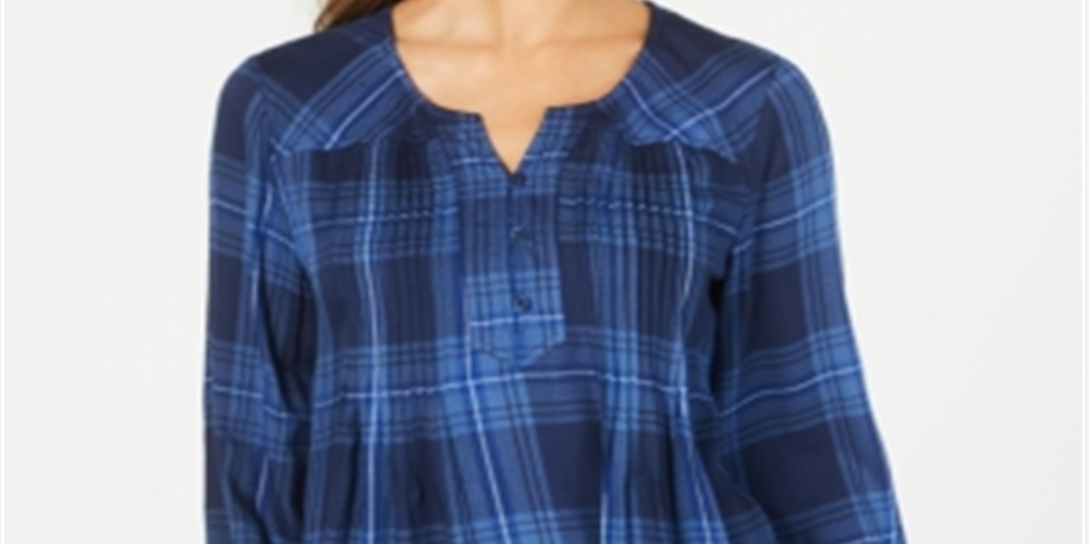Style & Co Women's Plaid Pleated Top Blue Size Petite Large