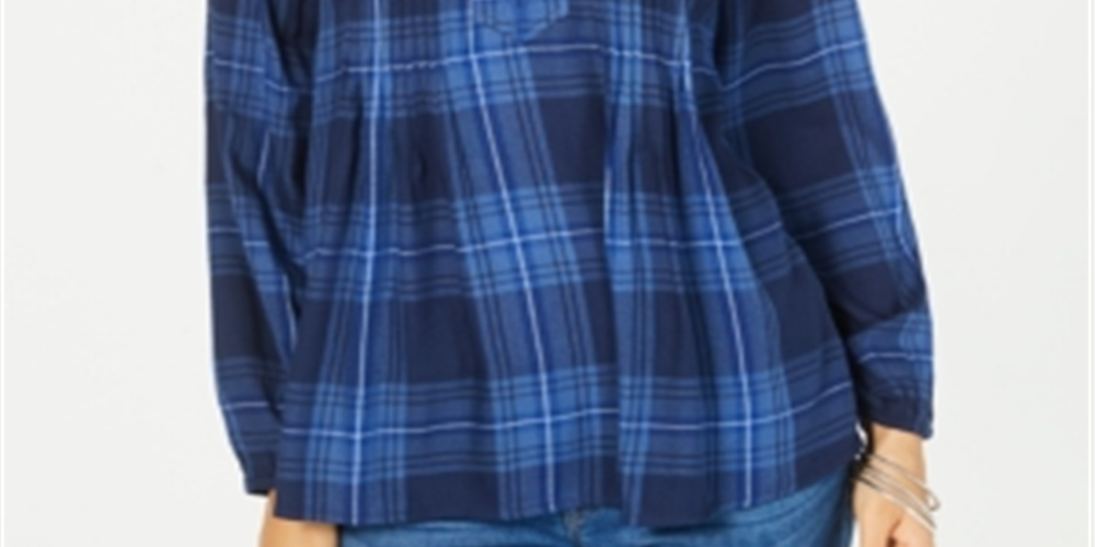 Style & Co Women's Plaid Pleated Top Blue Size Petite Large