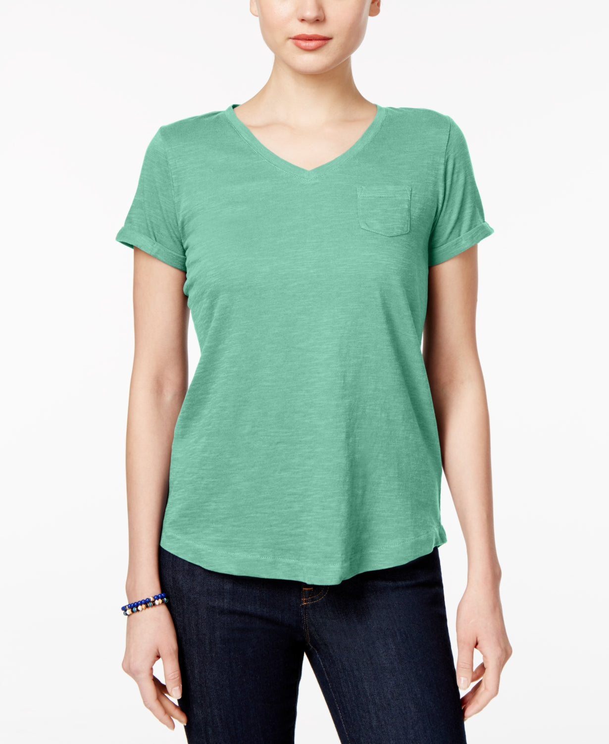 Style & Co Women's V Neck Pocket T-Shirt Mint Size Petite S