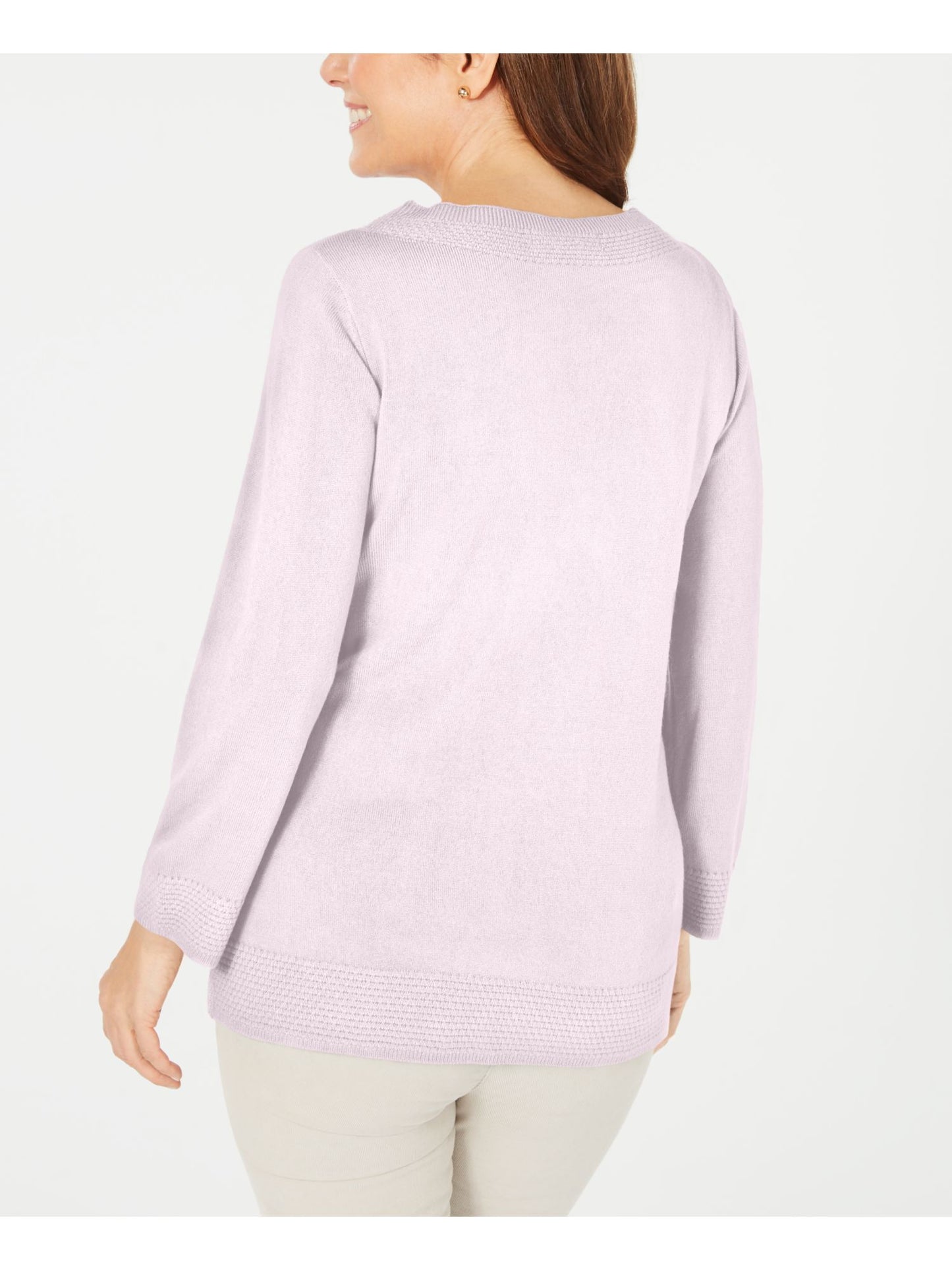 Karen Scott Women's Ribbed Printed Long Sleeve Crew Neck Blouse Top Pink Size Petite Small