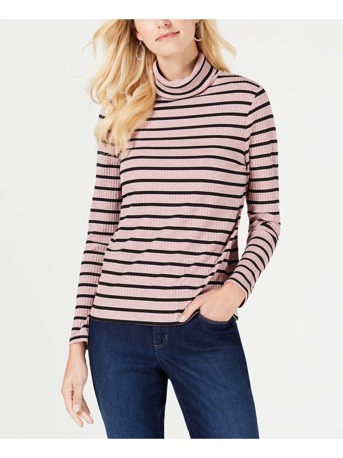 Charter Club Women's Striped Long Sleeve Turtle Neck Top Pink Size Petite Large