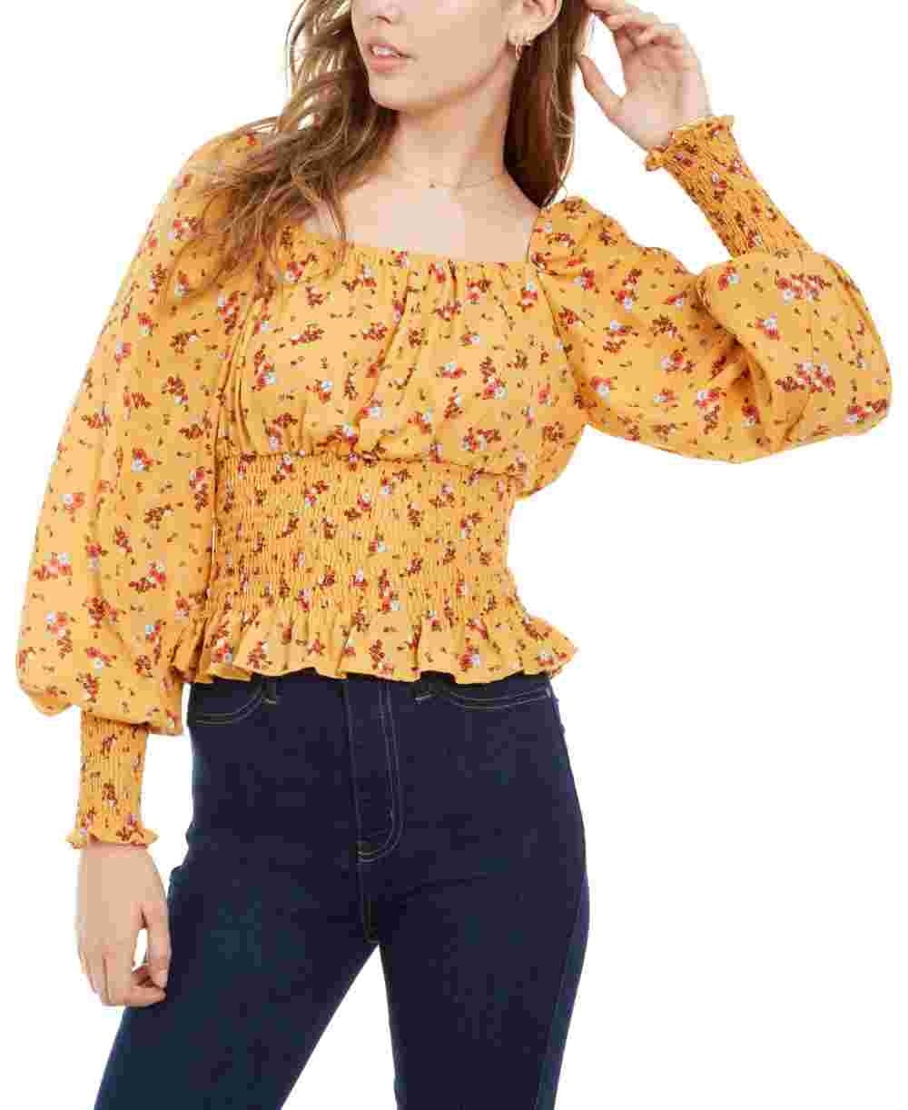 Ultra Flirt Junior's Smocked Waist Peasant Top Yellow Size Medium