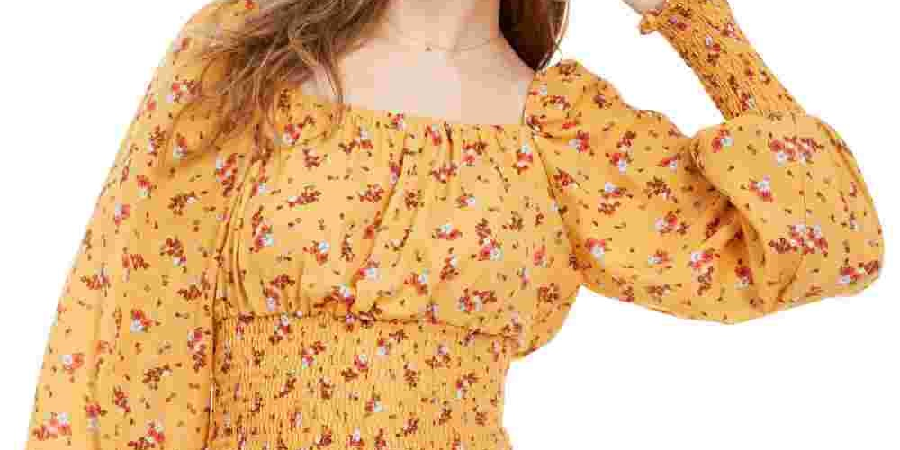 Ultra Flirt Junior's Smocked Waist Peasant Top Yellow Size Medium
