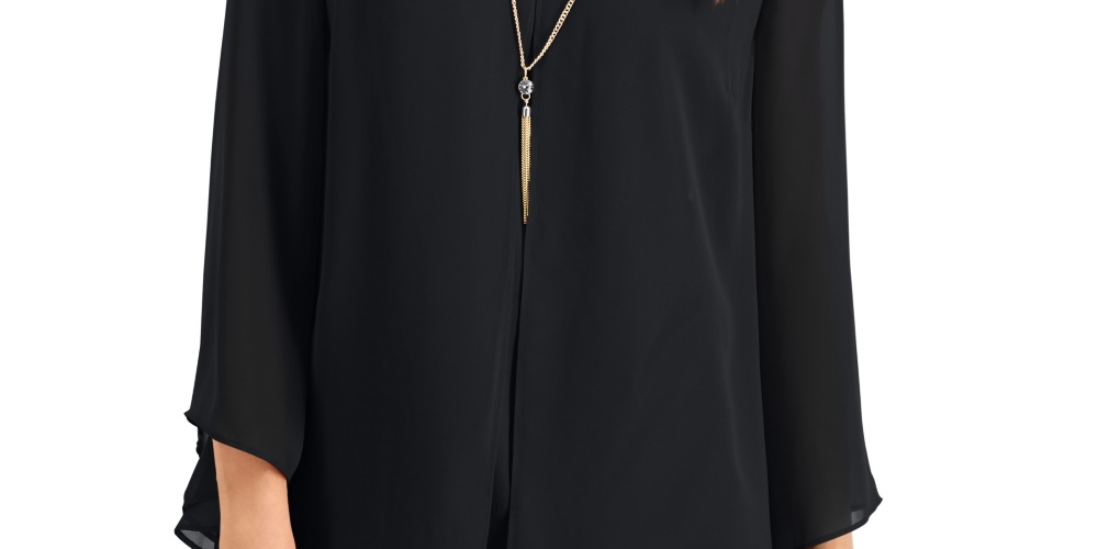 JM Collection Women's Solid V-Neck Necklace Top  Black Size Small
