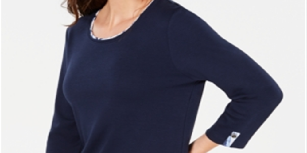 Karen Scott Women's Printed Trim Top Blue Size Petite S