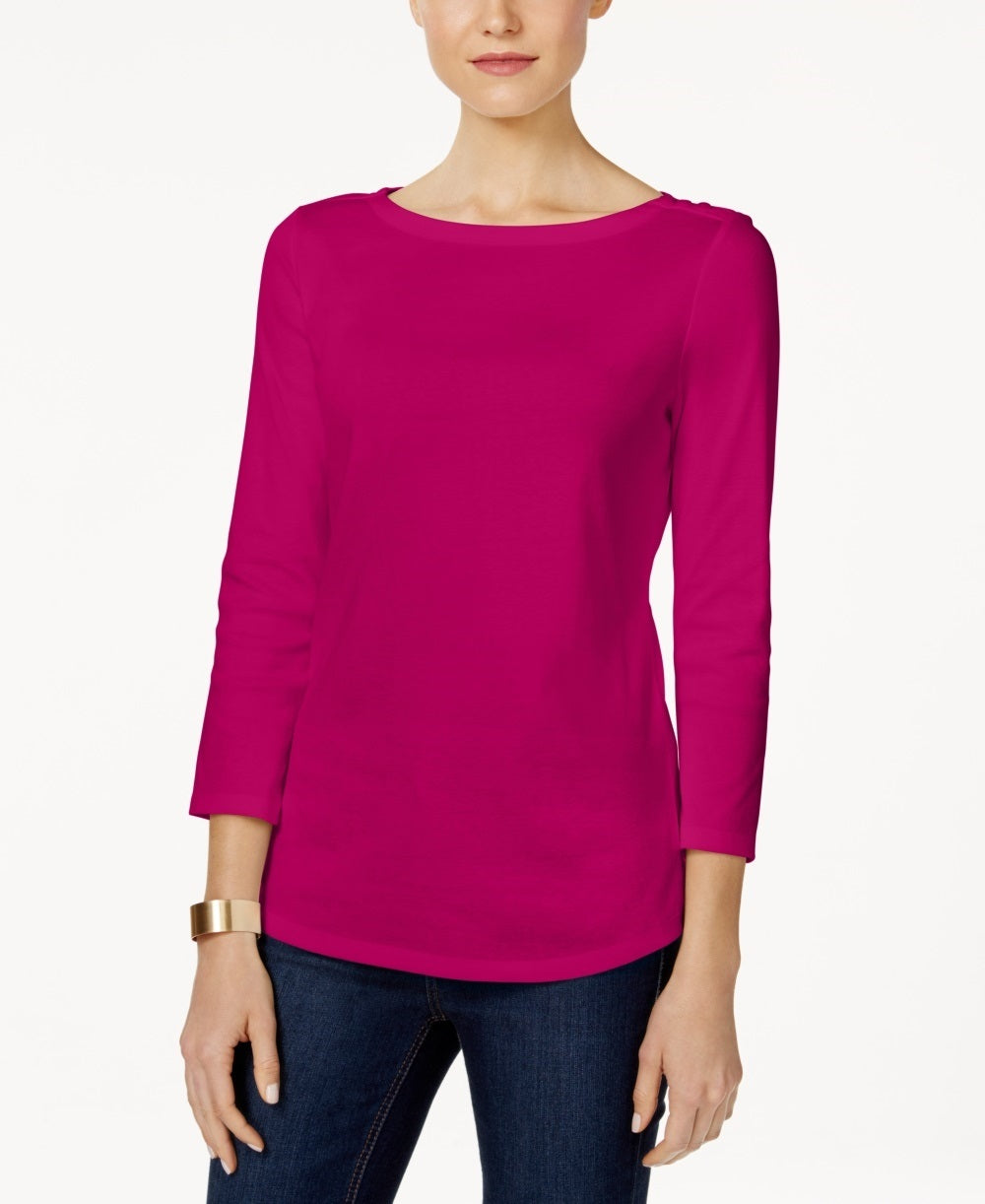 Charter Club Women's Pima Cotton Boat-Neck Button-Shoulder Top Pink Size X-Large