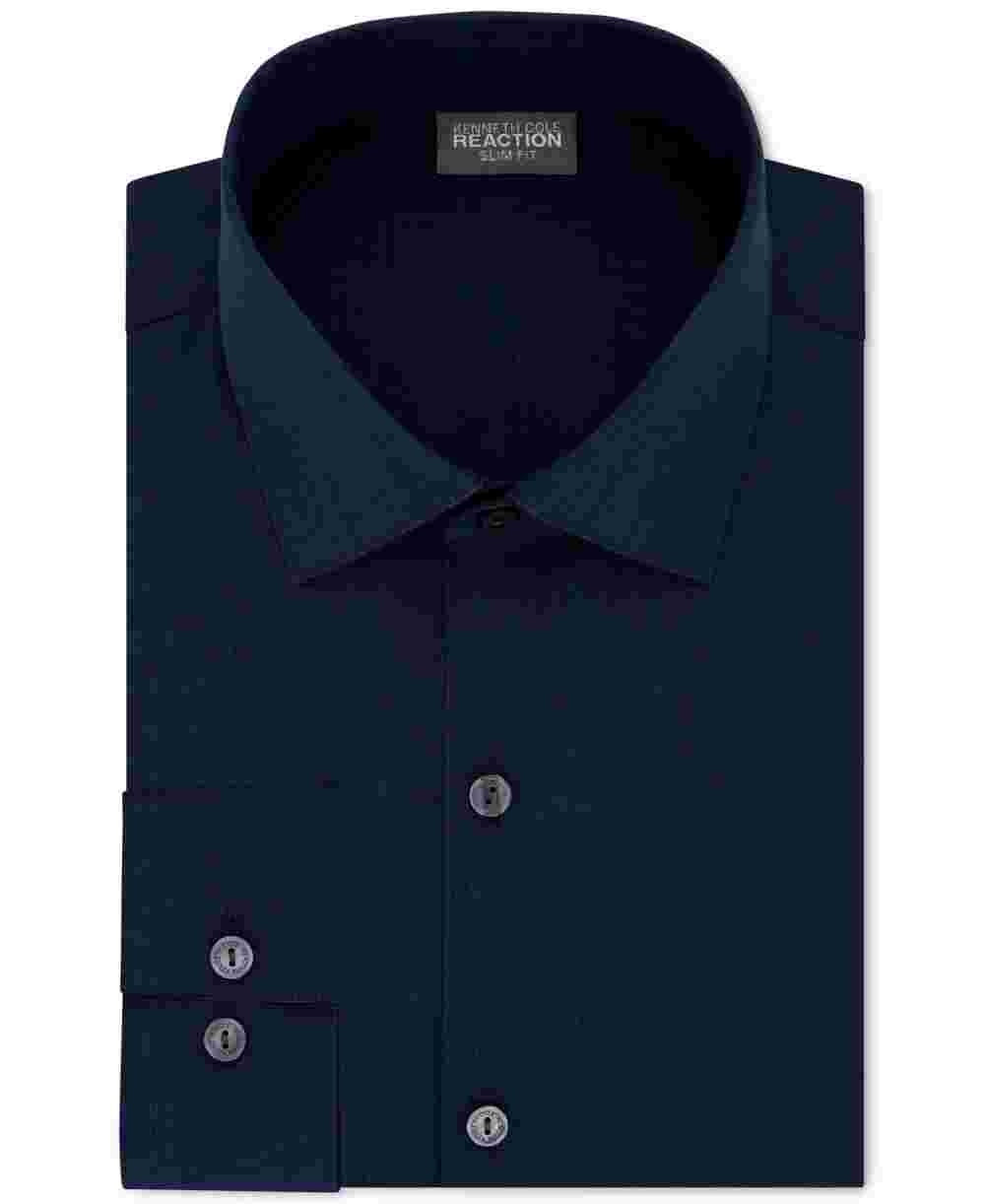 Kenneth Cole Reaction Men's Techni-Cole Stretch Slim-Fit Solid Dress Shirt Navy Size 16.5X32-33