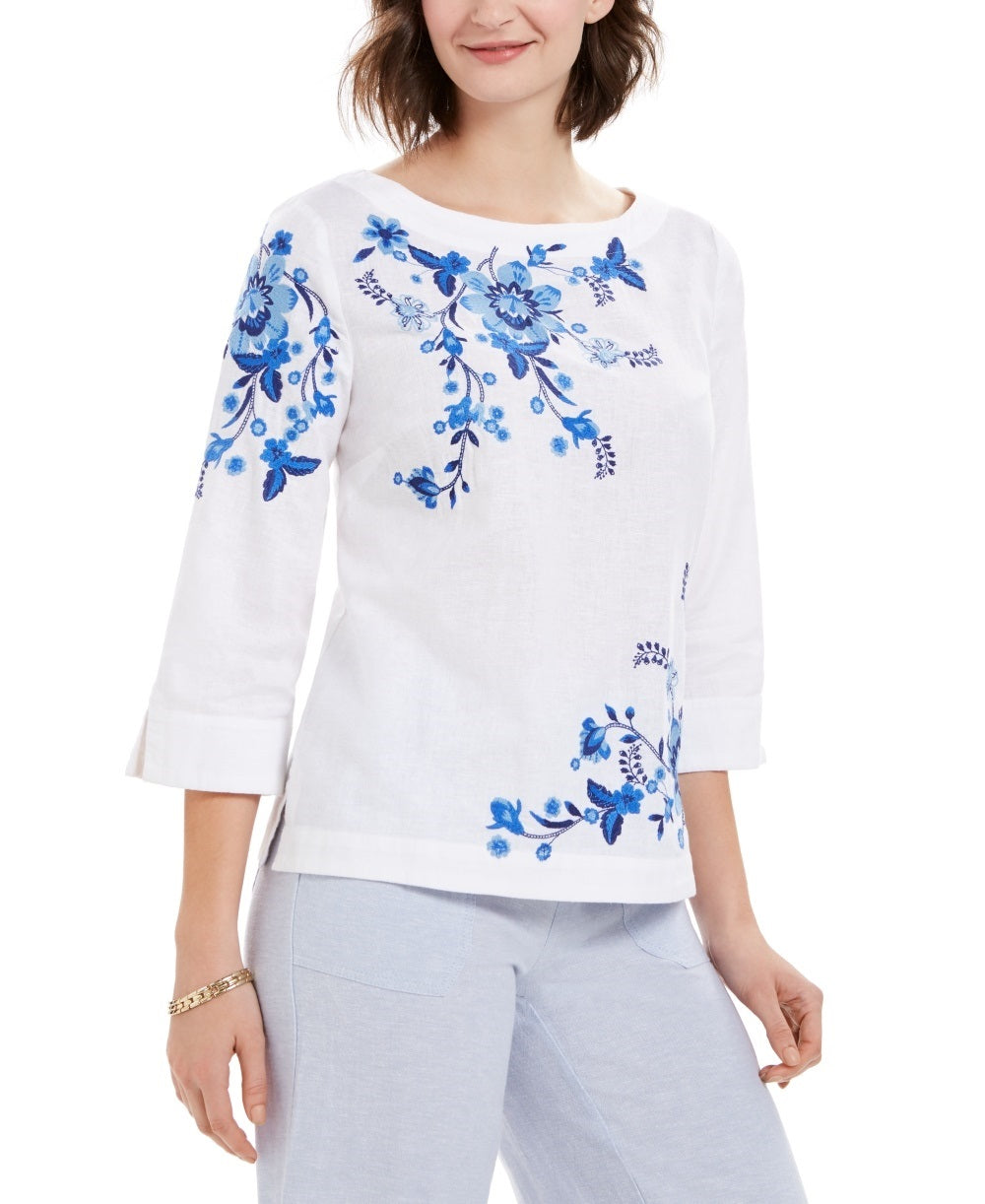 Charter Club Women's Embroidered Split-Sleeve Top Blue Size Small