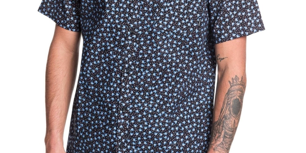 Quiksilver Men's Fry Floral Print Collared Button Down Shirt Black Size Medium