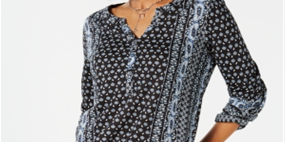 Style & Co Women's Printed Roll Tab Sleeve Top Black Size PP