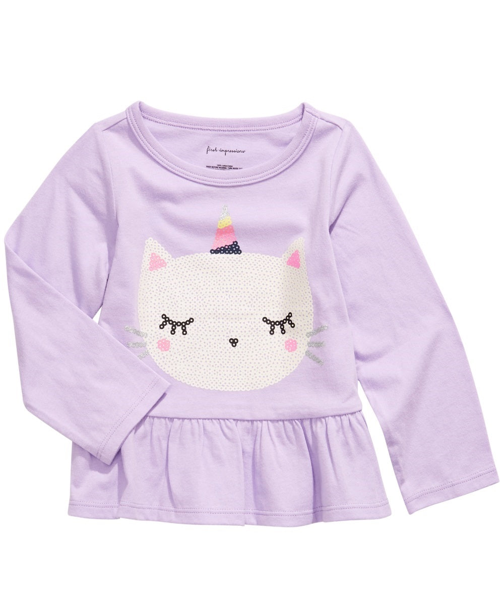 First Impressions Kid's Baby Girls Cotton Caticorn Peplum Hem T-Shirt Purple Size 6-9