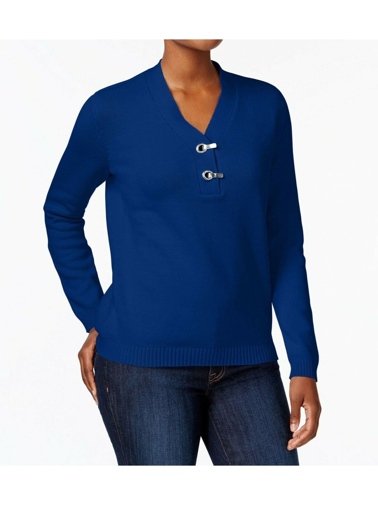 Karen Scott Women's Cotton Toggle Henley Sweater Blue Size Petite S
