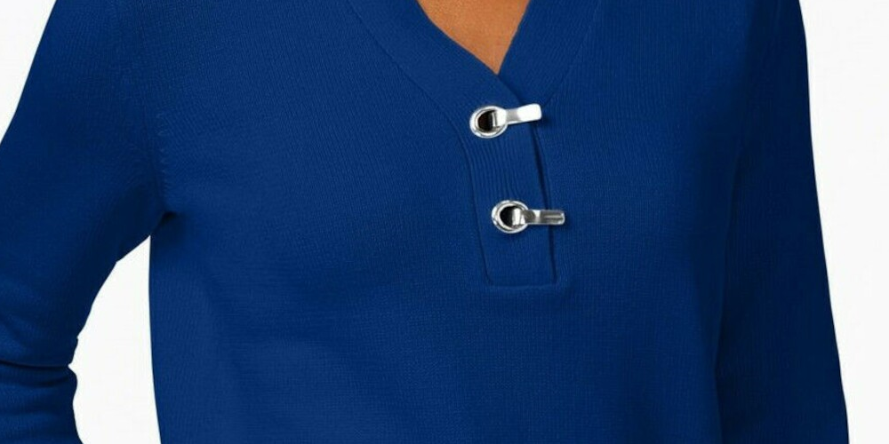 Karen Scott Women's Cotton Toggle Henley Sweater Blue Size Petite S